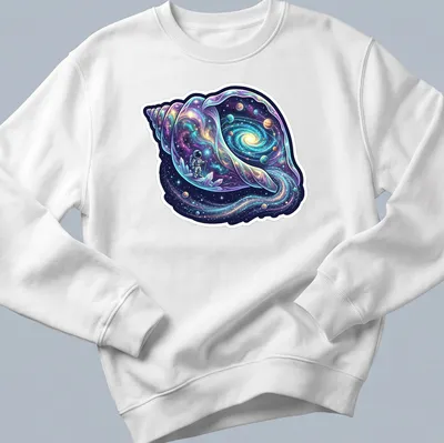 Astronaut holding a cosmic conch shell in vibrant cosmic colors — printed on a unisex sweatshirt