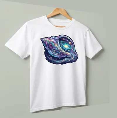 Astronaut holding a cosmic conch shell in vibrant cosmic colors — printed on a unisex t-shirt (angled view)