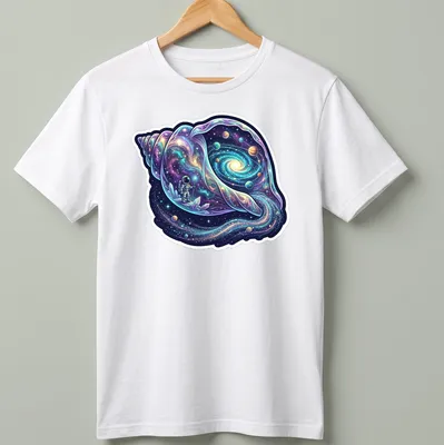 Astronaut holding a cosmic conch shell in vibrant cosmic colors