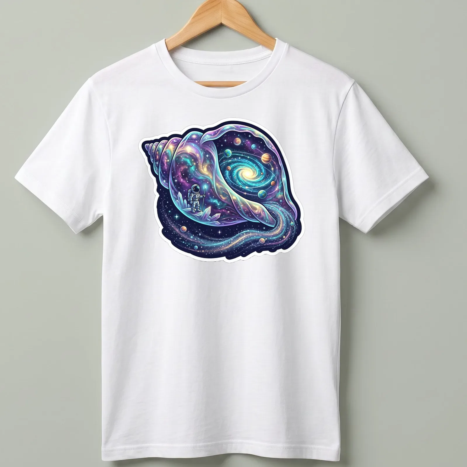 Astronaut holding a cosmic conch shell in vibrant cosmic colors — printed on a unisex t-shirt