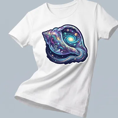Astronaut holding a cosmic conch shell in vibrant cosmic colors — printed on a women's shirt