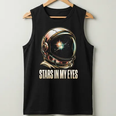 Vintage illustration of an astronaut with the text 'Stars In My Eyes' in a whimsical font — printed on a tank top