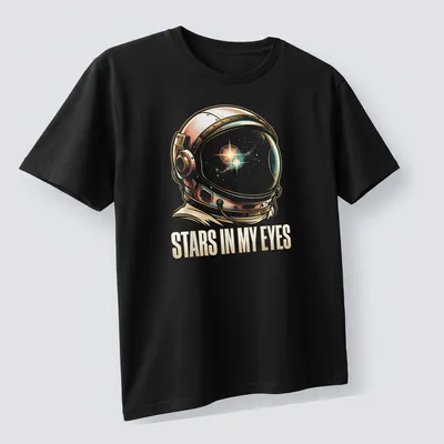 Vintage illustration of an astronaut with the text 'Stars In My Eyes' in a whimsical font — printed on a unisex t-shirt (angled view)