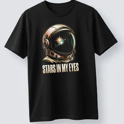 Vintage illustration of an astronaut with the text 'Stars In My Eyes' in a whimsical font