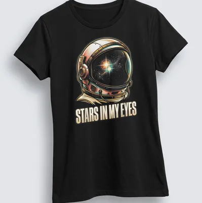 Vintage illustration of an astronaut with the text 'Stars In My Eyes' in a whimsical font — printed on a women's shirt