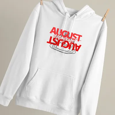 Bold typography T-shirt with red and black text saying AUGUST August AUGUST — printed on a unisex hoodie
