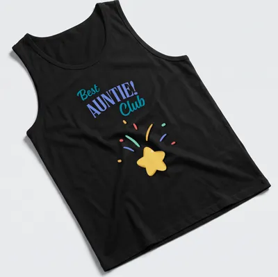 Playful illustration of a star and 'Best AUNTIE! Club' text in bright colors — printed on a tank top