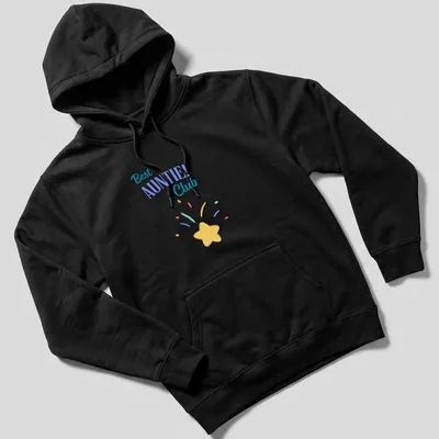 Playful illustration of a star and 'Best AUNTIE! Club' text in bright colors — printed on a unisex hoodie