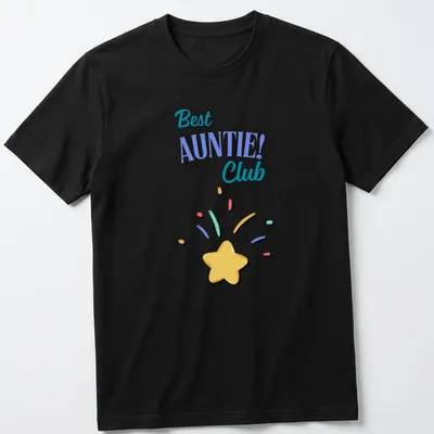 Playful illustration of a star and 'Best AUNTIE! Club' text in bright colors
