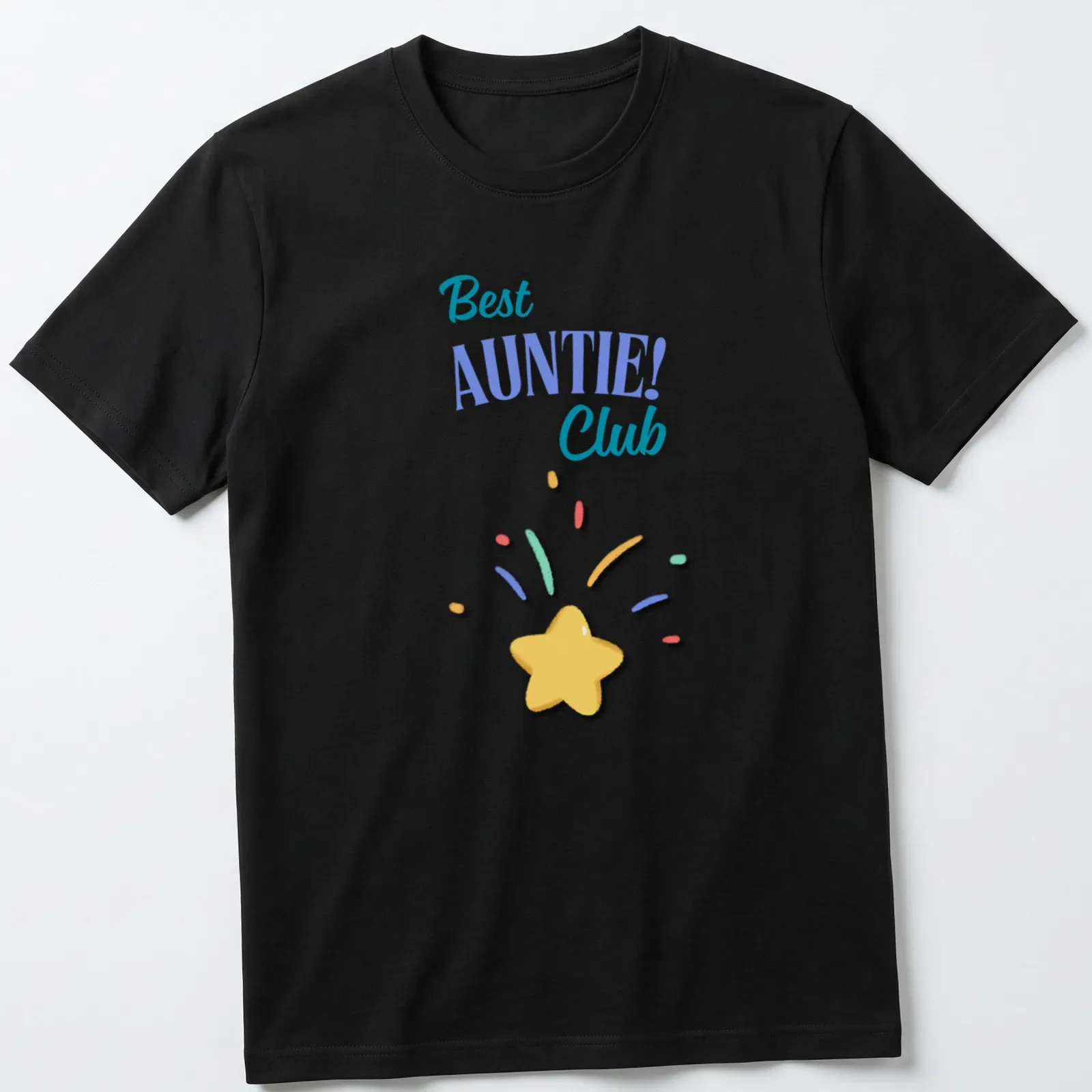 Playful illustration of a star and 'Best AUNTIE! Club' text in bright colors — printed on a unisex t-shirt