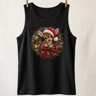 Realistic illustration of a baby deer in a Christmas wreath wearing a Santa hat — printed on a tank top