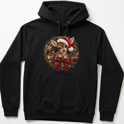 Realistic illustration of a baby deer in a Christmas wreath wearing a Santa hat — printed on a unisex hoodie