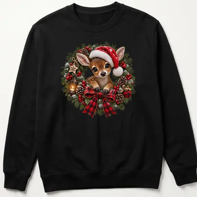 Realistic illustration of a baby deer in a Christmas wreath wearing a Santa hat — printed on a unisex sweatshirt