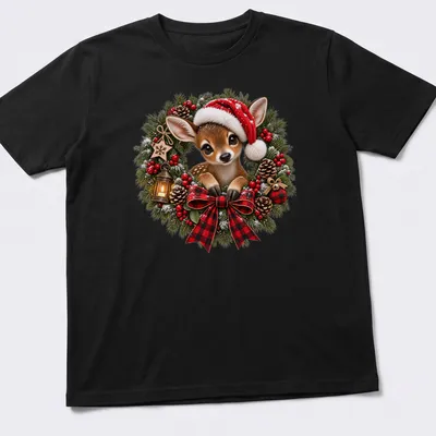 Realistic illustration of a baby deer in a Christmas wreath wearing a Santa hat
