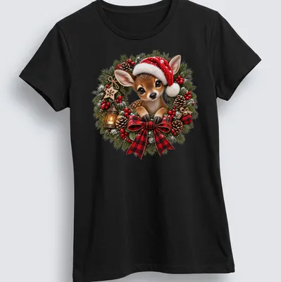 Realistic illustration of a baby deer in a Christmas wreath wearing a Santa hat — printed on a women's shirt