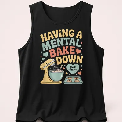 Retro t-shirt featuring a colorful baking mixer and bowl with humorous text about baking. — printed on a tank top
