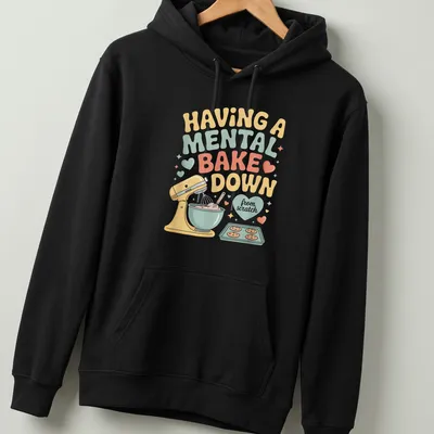 Retro t-shirt featuring a colorful baking mixer and bowl with humorous text about baking. — printed on a unisex hoodie