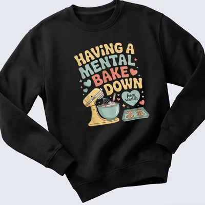 Retro t-shirt featuring a colorful baking mixer and bowl with humorous text about baking. — printed on a unisex sweatshirt