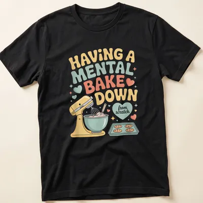 Retro t-shirt featuring a colorful baking mixer and bowl with humorous text about baking.