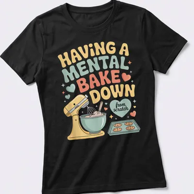 Retro t-shirt featuring a colorful baking mixer and bowl with humorous text about baking. — printed on a women's shirt