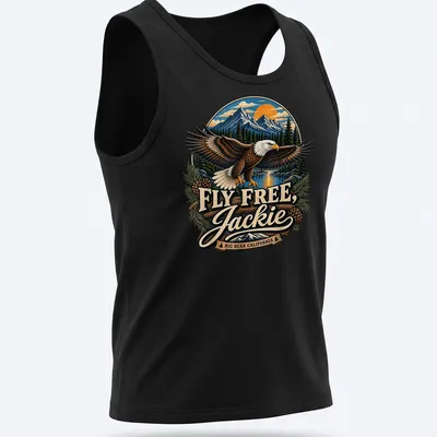 Vintage illustration of a Bald Eagle with text about Jackie Big Bear, California — printed on a tank top