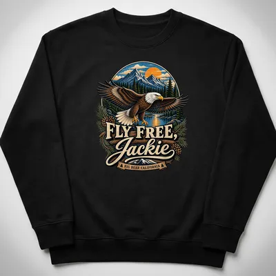 Vintage illustration of a Bald Eagle with text about Jackie Big Bear, California — printed on a unisex sweatshirt