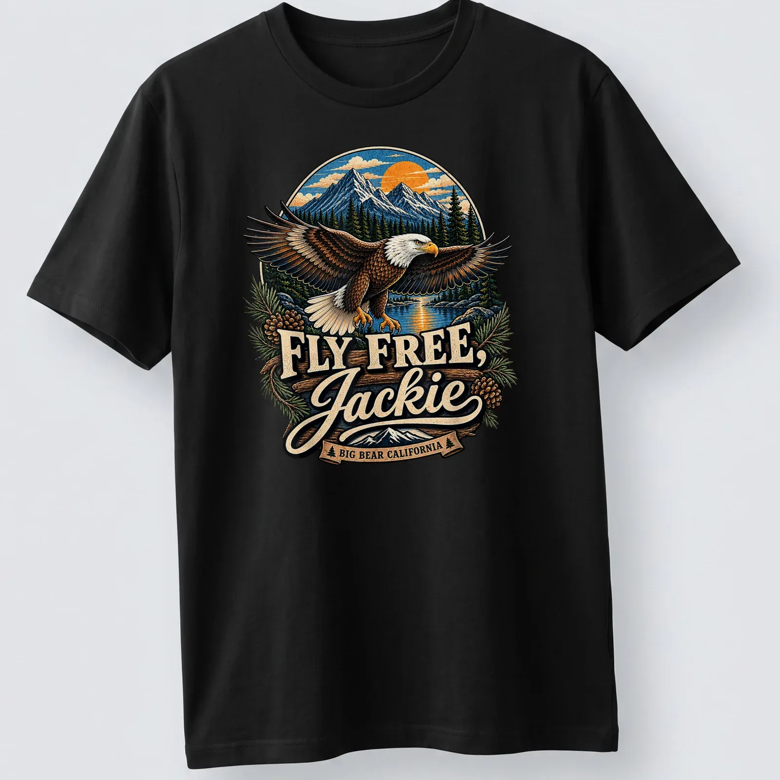 Vintage illustration of a Bald Eagle with text about Jackie Big Bear, California — printed on a unisex t-shirt