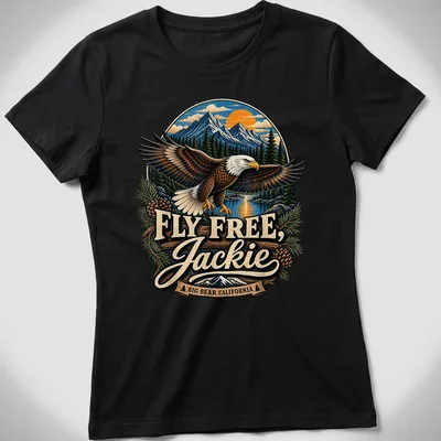Vintage illustration of a Bald Eagle with text about Jackie Big Bear, California — printed on a women's shirt