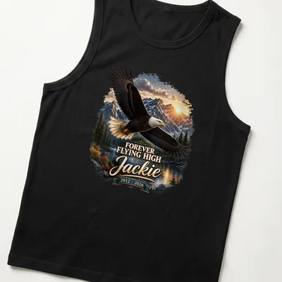 Realistic Bald Eagle soaring with text 'FOREVER FLYING HIGH Jackie 2012 - 2026' — printed on a tank top