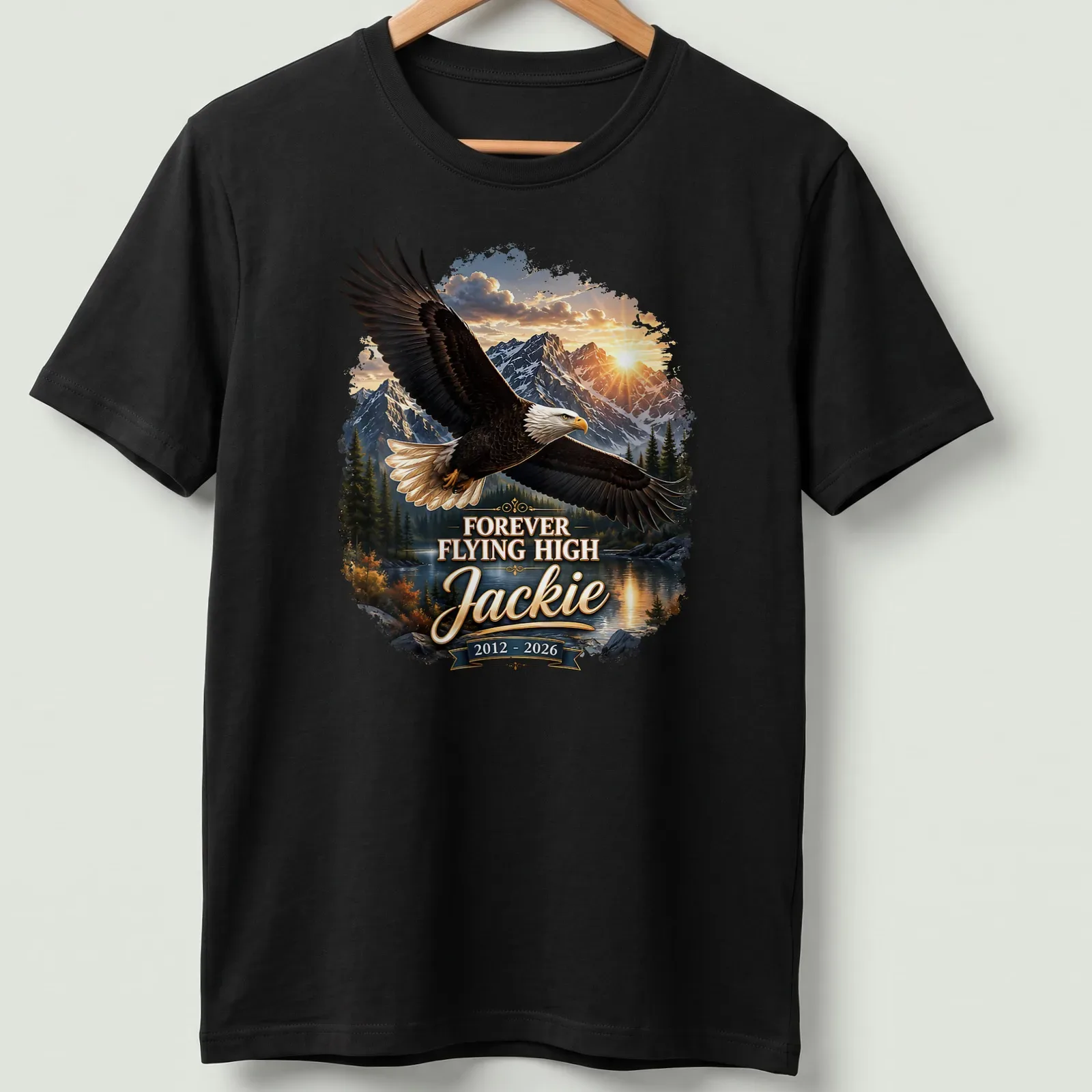 Realistic Bald Eagle soaring with text 'FOREVER FLYING HIGH Jackie 2012 - 2026' — printed on a unisex t-shirt