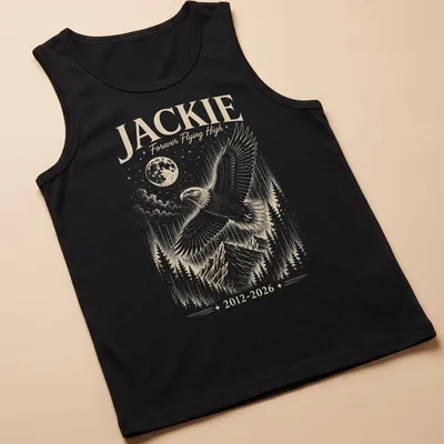 Detailed illustration of a bald eagle with the text Jackie Forever Flying High 2012 2026 — printed on a tank top