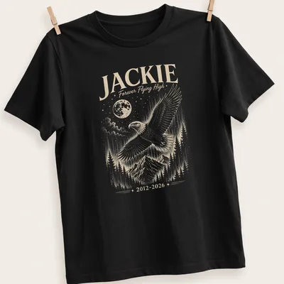 Detailed illustration of a bald eagle with the text Jackie Forever Flying High 2012 2026