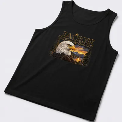 Realistic print of a Bald Eagle with the text 'JACKIE Forever Our Queen' below — printed on a tank top