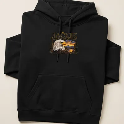 Realistic print of a Bald Eagle with the text 'JACKIE Forever Our Queen' below — printed on a unisex hoodie
