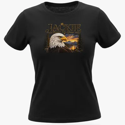 Realistic print of a Bald Eagle with the text 'JACKIE Forever Our Queen' below — printed on a women's shirt