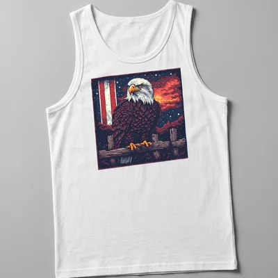 Retro pixel art of a bald eagle against a sunset background — printed on a tank top