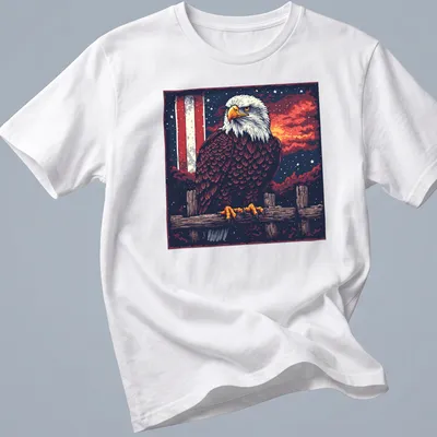 Retro pixel art of a bald eagle against a sunset background