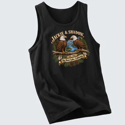 Illustration of Bald Eagles with text about Big Bear Lake and establishment year. — printed on a tank top