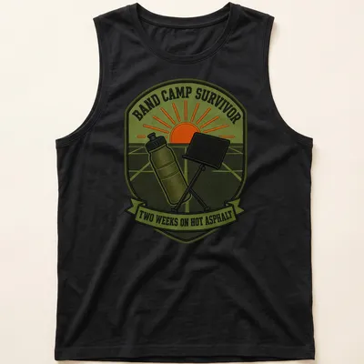 Retro patch design featuring Band Camp Survivor text in vibrant colors — printed on a tank top