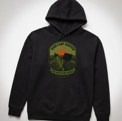 Retro patch design featuring Band Camp Survivor text in vibrant colors — printed on a unisex hoodie
