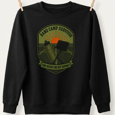 Retro patch design featuring Band Camp Survivor text in vibrant colors — printed on a unisex sweatshirt