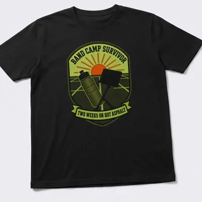 Retro patch design featuring Band Camp Survivor text in vibrant colors