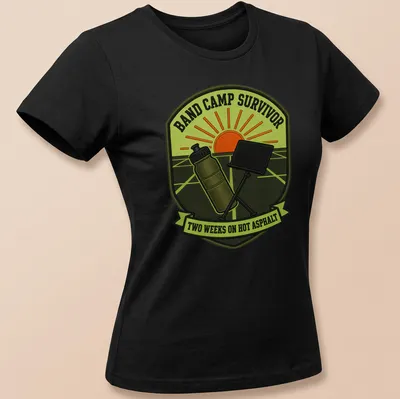 Retro patch design featuring Band Camp Survivor text in vibrant colors — printed on a women's shirt