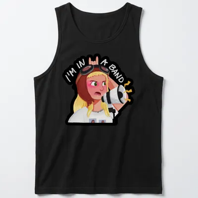 Kawaii illustration of a band girl with a microphone and text reading 'I'm in a band' — printed on a tank top