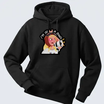 Kawaii illustration of a band girl with a microphone and text reading 'I'm in a band' — printed on a unisex hoodie