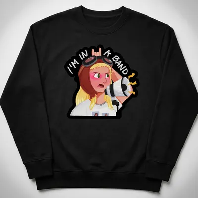 Kawaii illustration of a band girl with a microphone and text reading 'I'm in a band' — printed on a unisex sweatshirt
