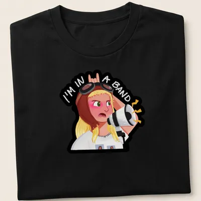 Kawaii illustration of a band girl with a microphone and text reading 'I'm in a band'
