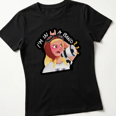 Kawaii illustration of a band girl with a microphone and text reading 'I'm in a band' — printed on a women's shirt