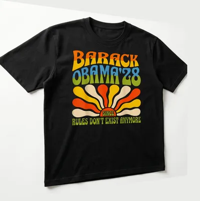 Retro colorful Barack Obama 2028 t-shirt with playful political text — printed on a unisex t-shirt (angled view)