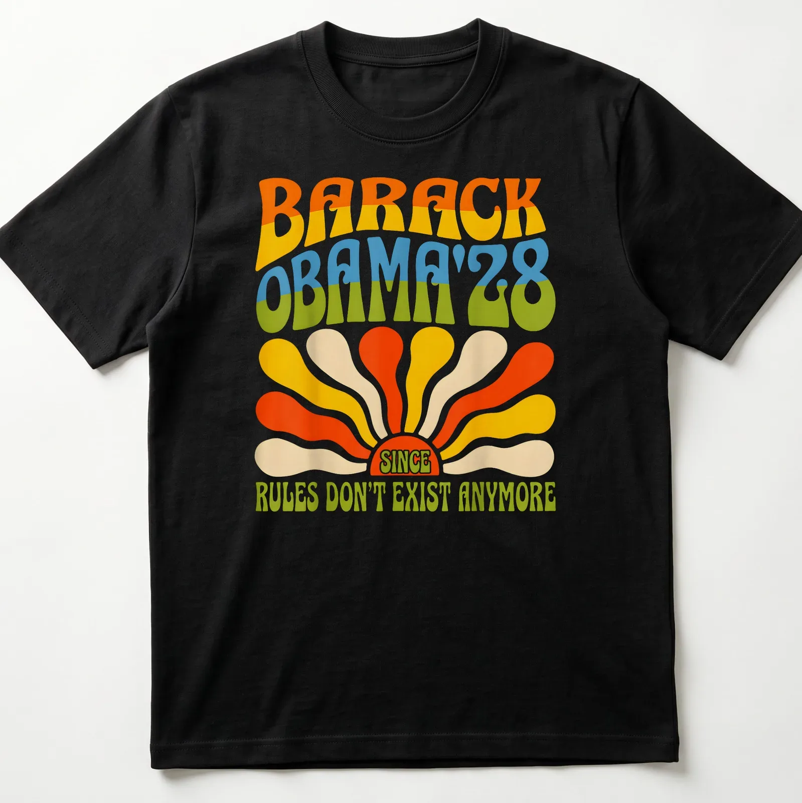 Retro colorful Barack Obama 2028 t-shirt with playful political text — printed on a unisex t-shirt